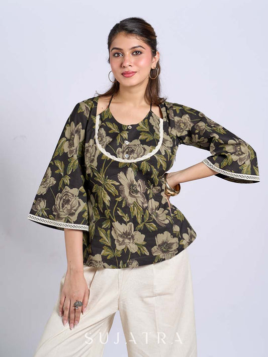 Chic Black Floral Print Cotton Bell Sleeve Top with Tie-Up Neckline & Crochet Lace Trim