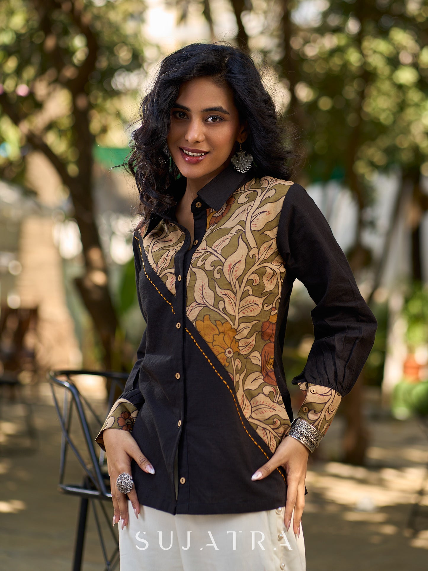 Charcoal Black Cotton Shirt with Asymmetrical Kalamkari Floral Panel