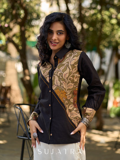 Charcoal Black Cotton Shirt with Asymmetrical Kalamkari Floral Panel
