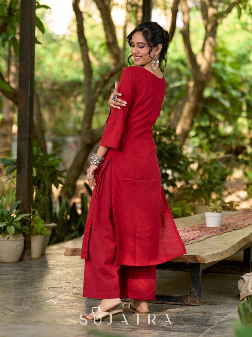 Maroon Cotton Kurta with Pleated Asymmetric Neckline