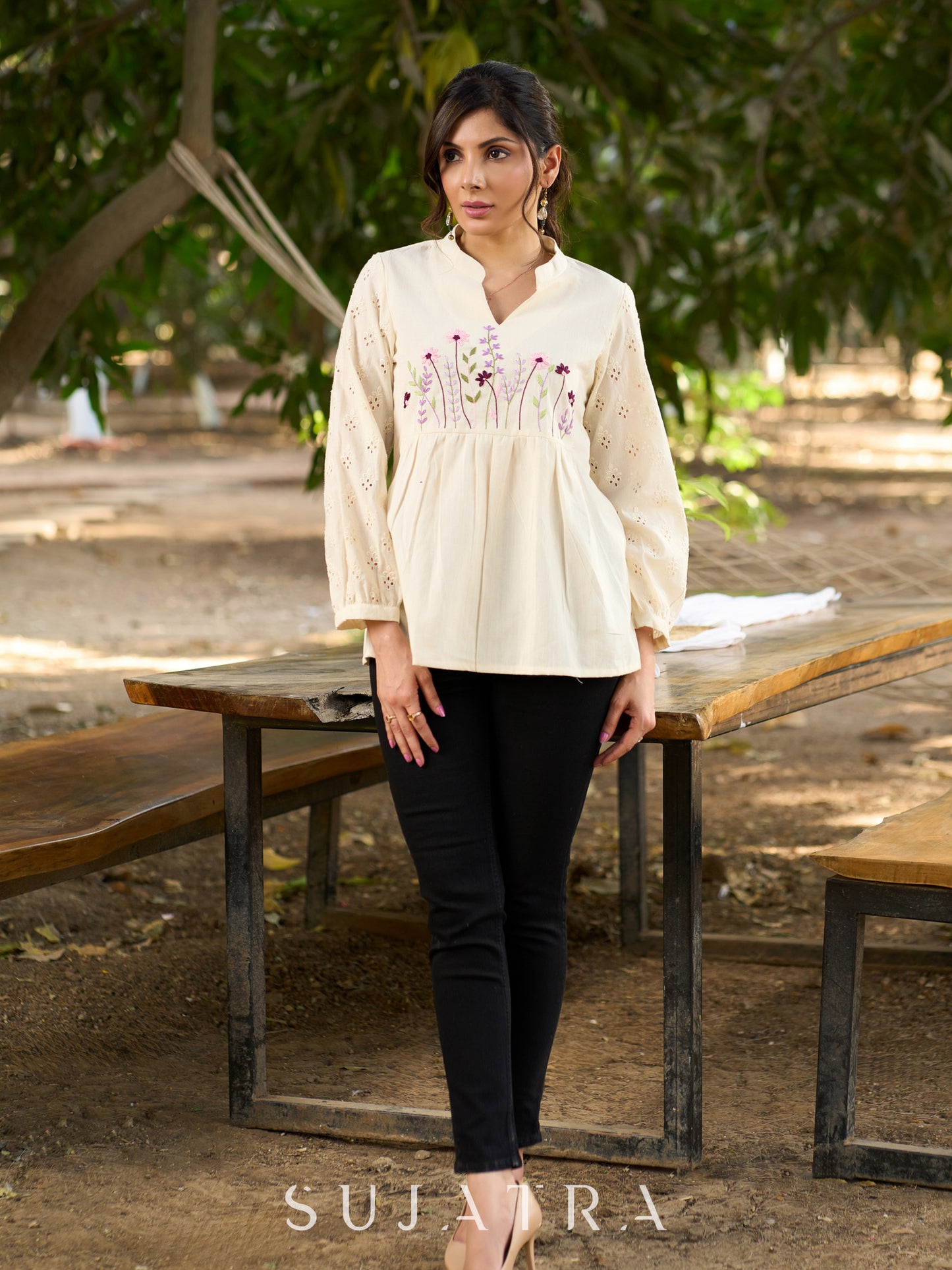 Luxe Off White Handloom Cotton Top with Graceful Hakoba Sleeves & Intricate Floral Embroidered Yoke