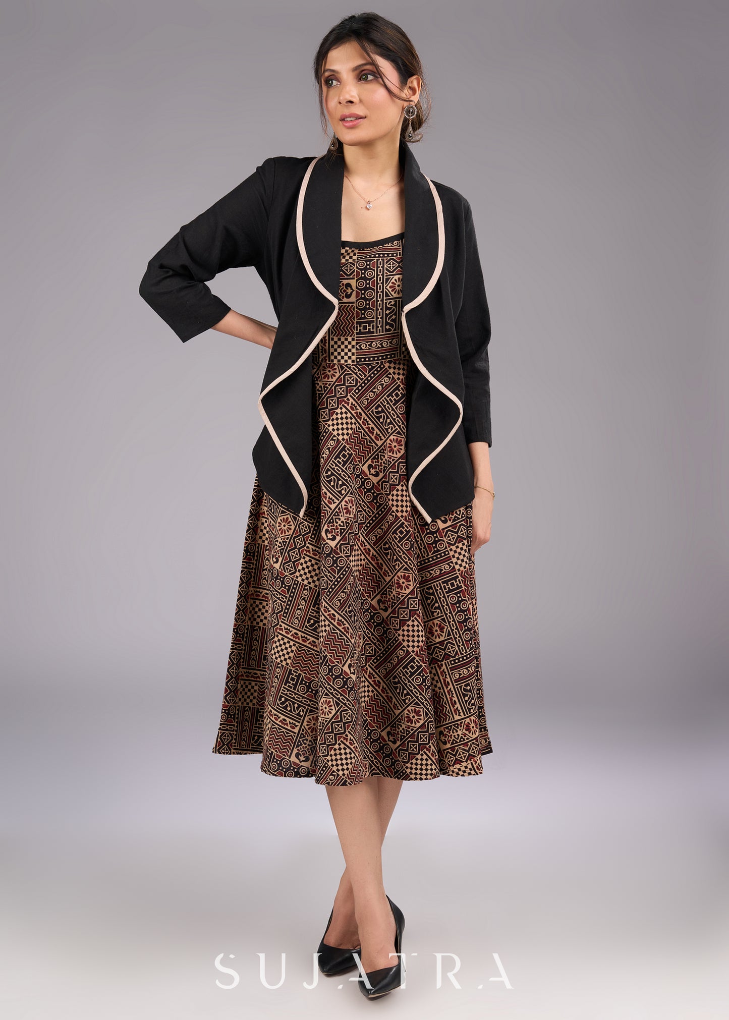Classic Noir Tailored Black Cotton Jacket with Minimalist Beige Accents - Dress optional