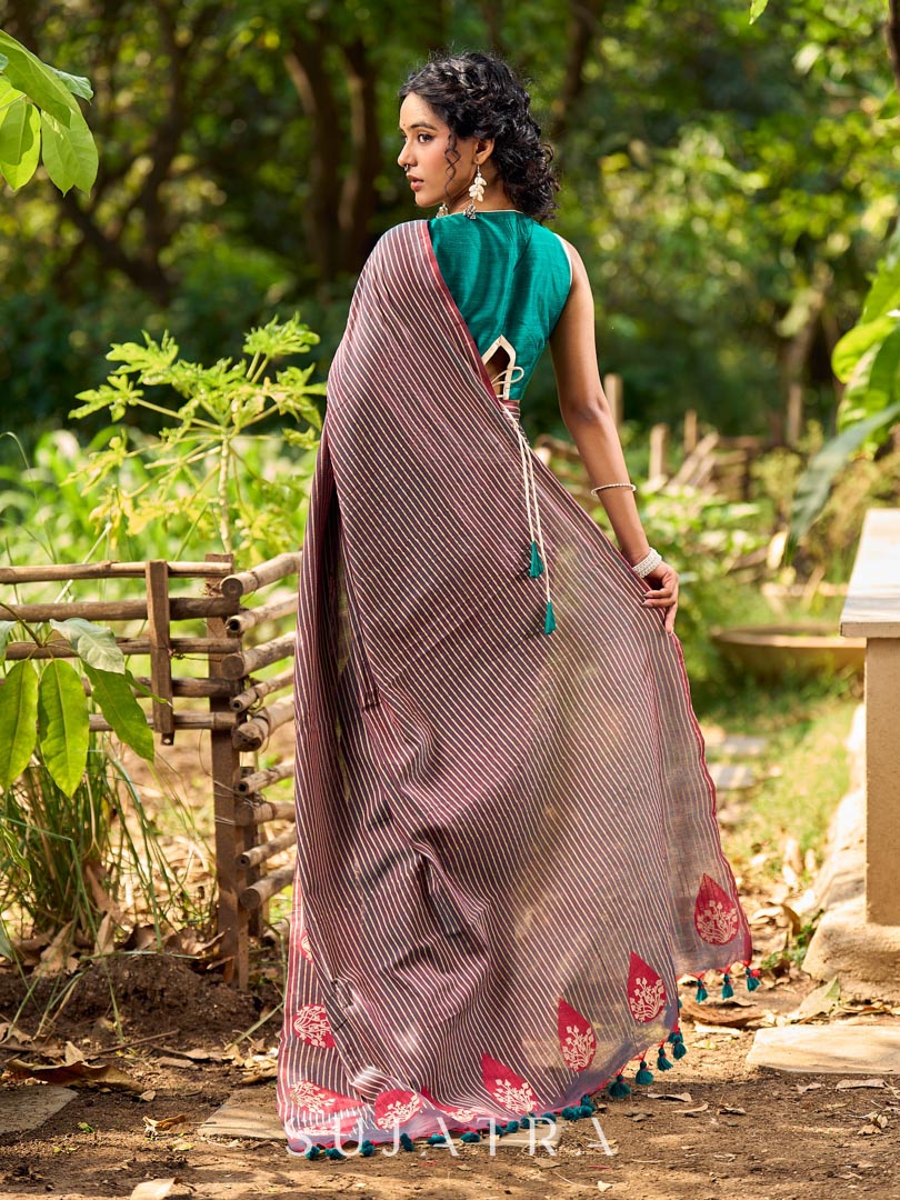 Contemporary Teal and Pink Striped Cotton Saree with Dual-Tone Effect and Hand Block Print Motifs