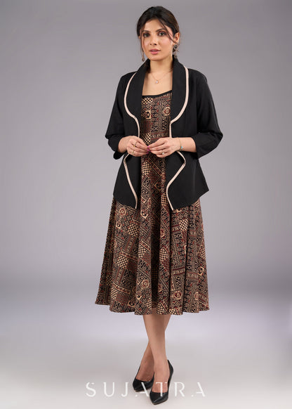 Ajrakh Allure Black Strappy Cotton Flared Dress - Black Cotton jacket Optional