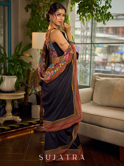 Elegant Black Cotton Saree with Ajrakh Print & Kalamkari Painted Border