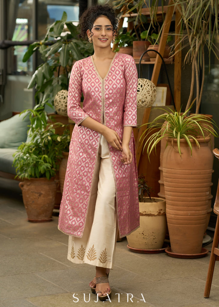 Foxy pink front open style kurta in banarsi fabric - Pant Optional