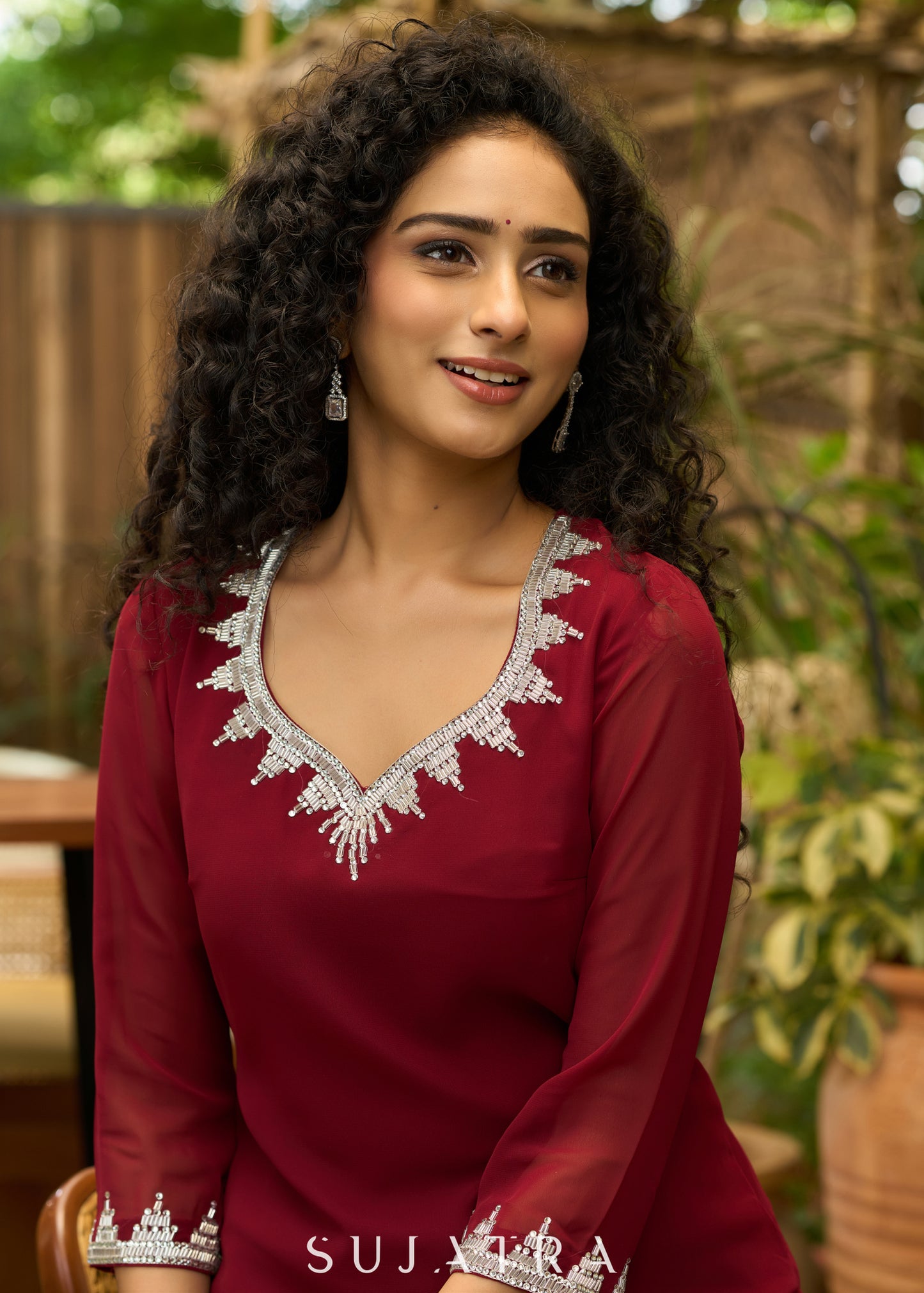Graceful maroon georgette Kurta with silver stone embellishment