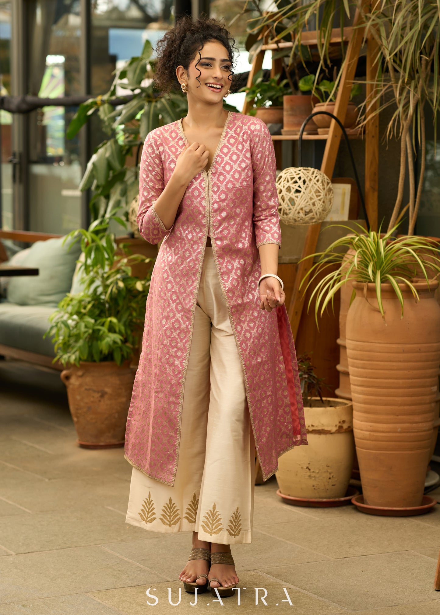 Foxy pink front open style kurta in banarsi fabric - Pant Optional