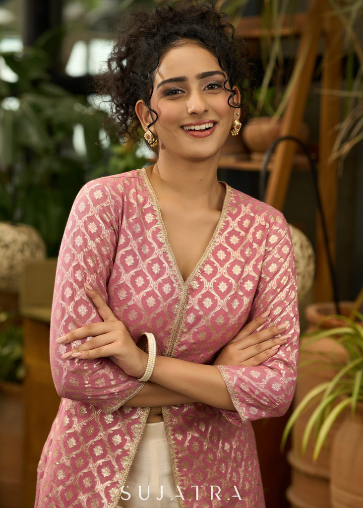 Foxy pink front open style kurta in banarsi fabric - Pant Optional