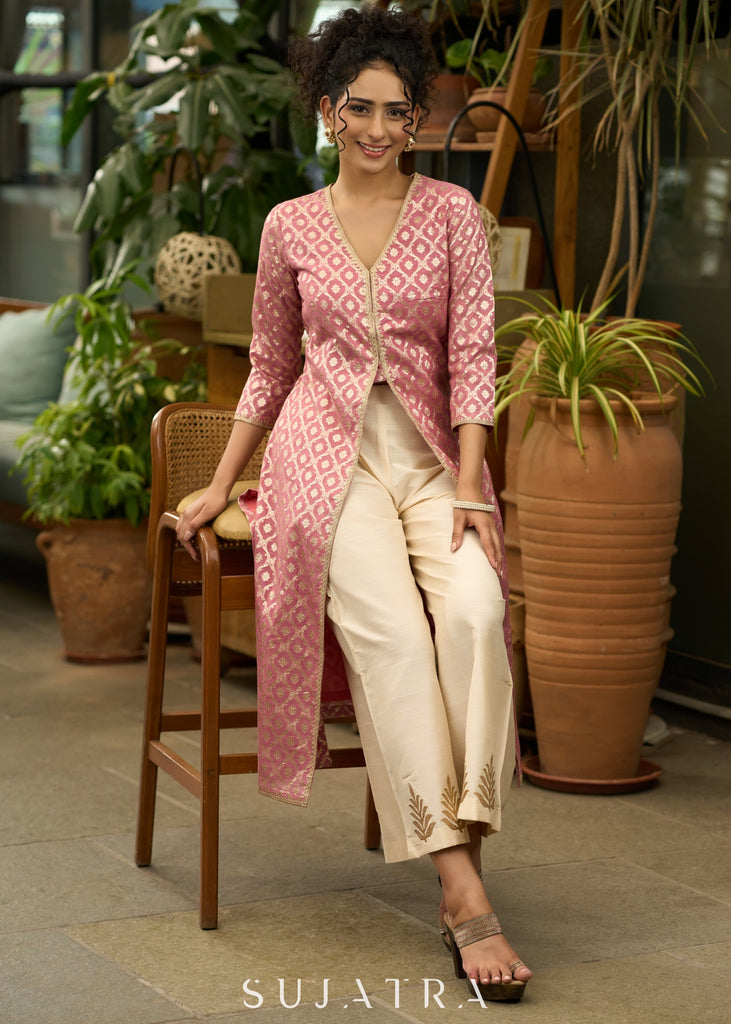 Foxy pink front open style kurta in banarsi fabric - Pant Optional