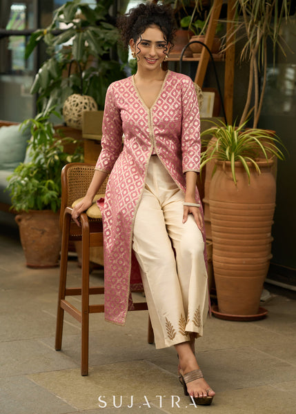 Foxy pink front open style kurta in banarsi fabric - Pant Optional
