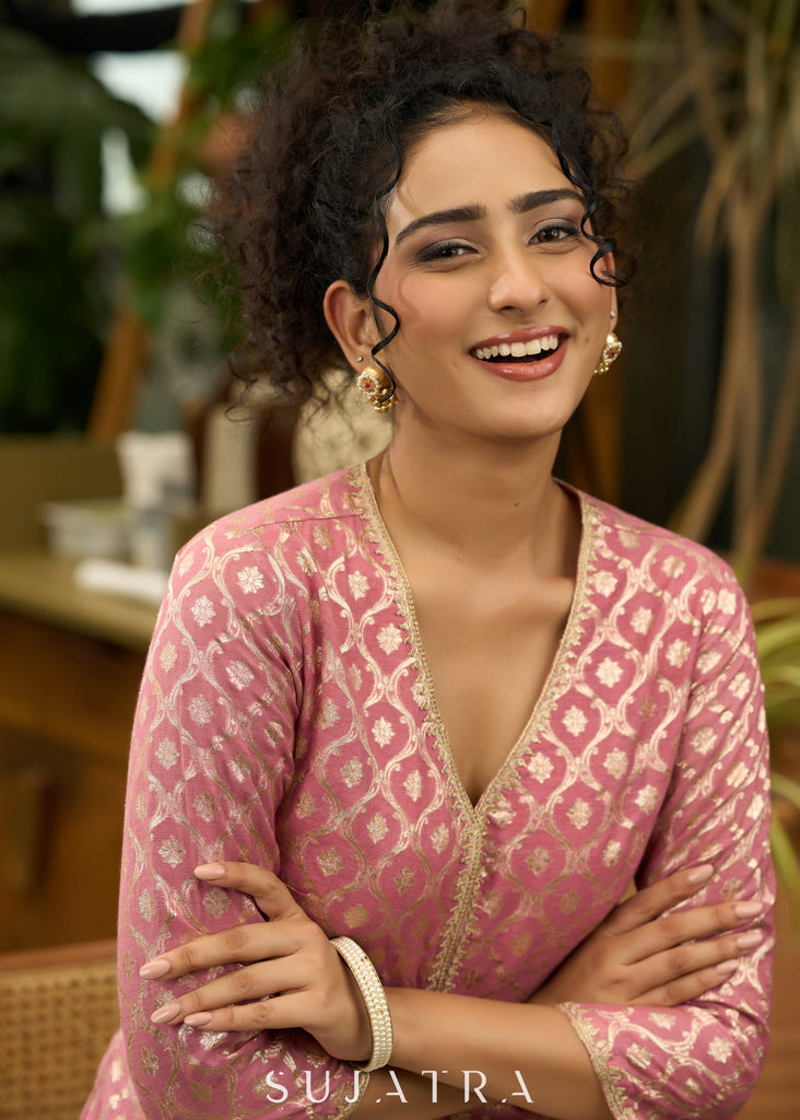 Foxy pink front open style kurta in banarsi fabric - Pant Optional