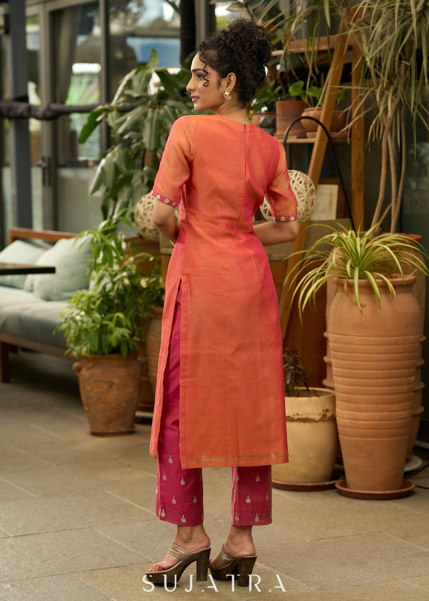 Graceful orange chanderi kurta with gold embroidery