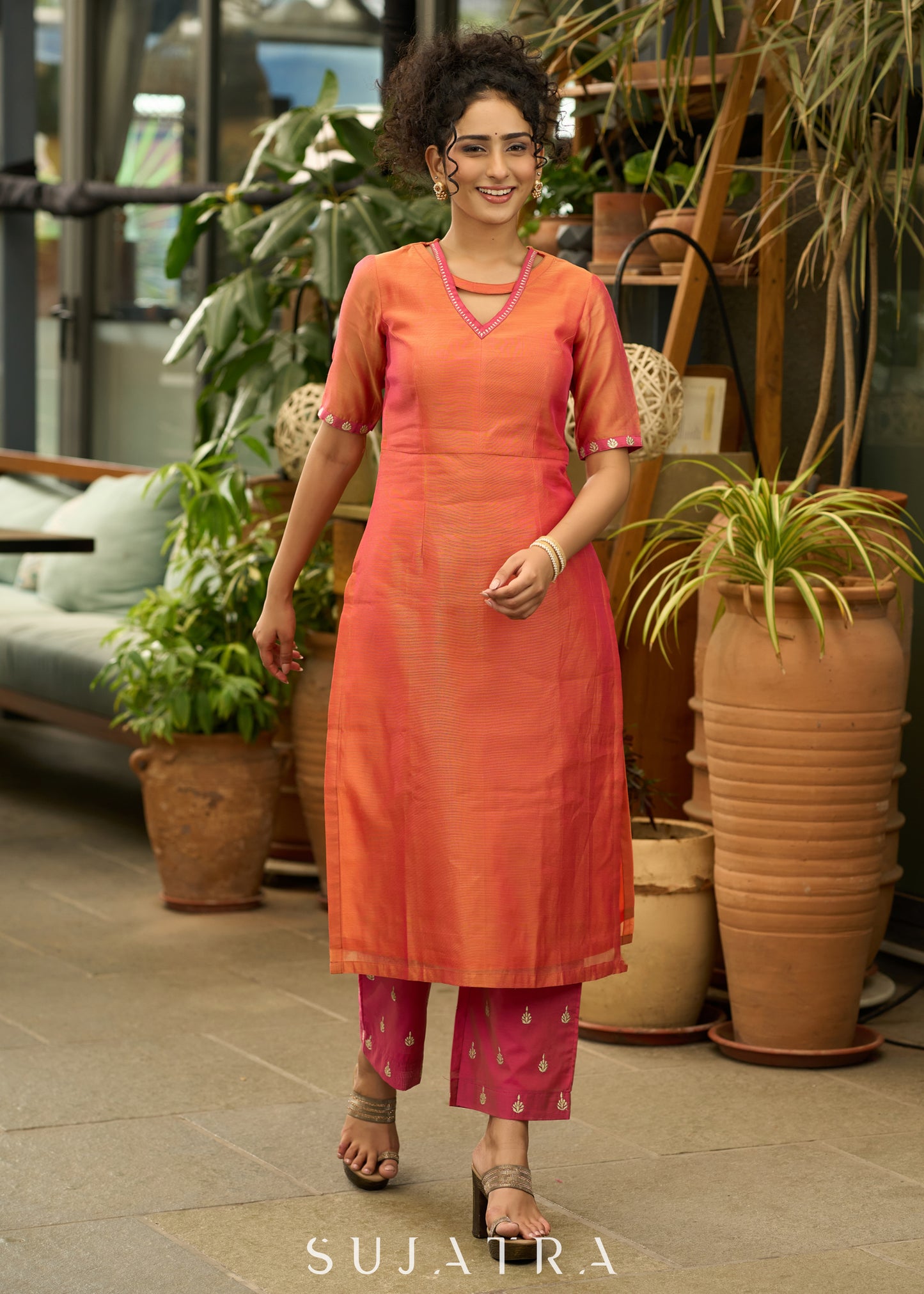 Graceful orange chanderi kurta with gold embroidery