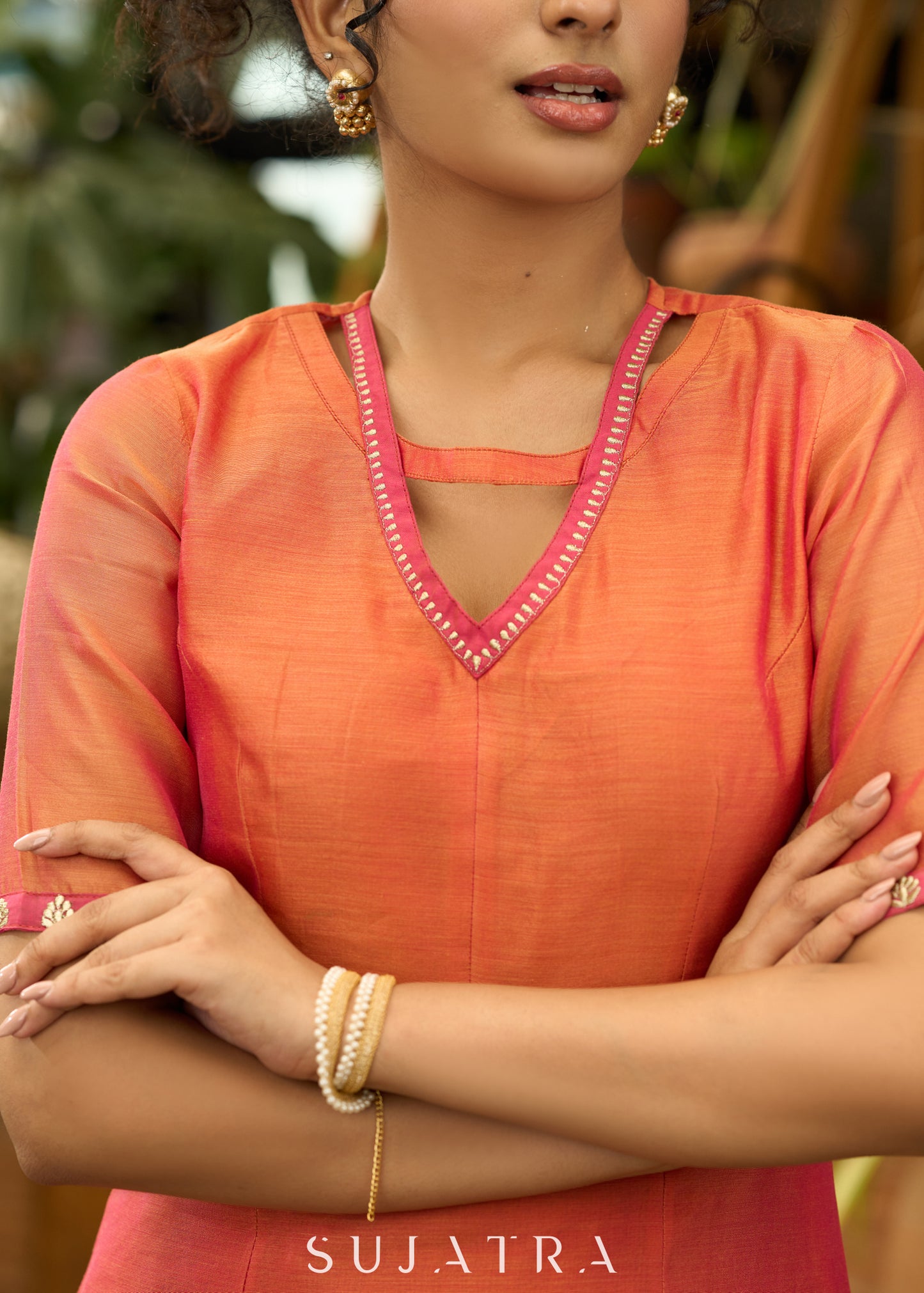 Graceful orange chanderi kurta with gold embroidery