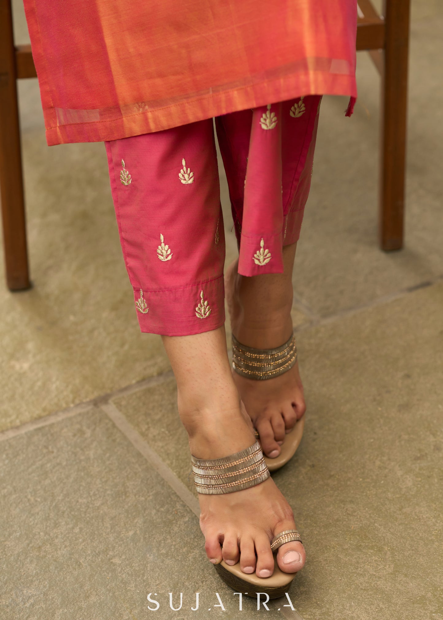 Graceful orange chanderi kurta with gold embroidery