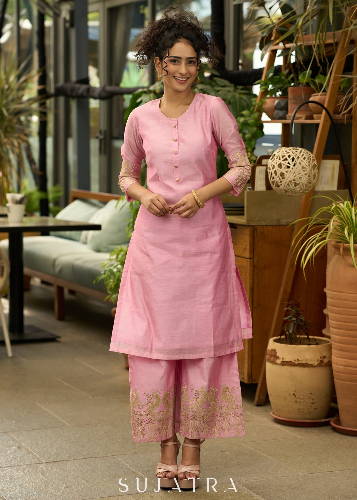 Baby pink chanderi gold embroidered Kurta - Pant Optional