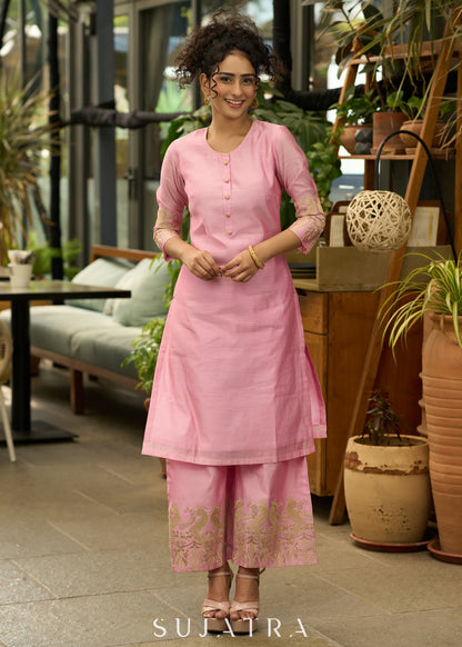 Baby pink chanderi gold embroidered Kurta