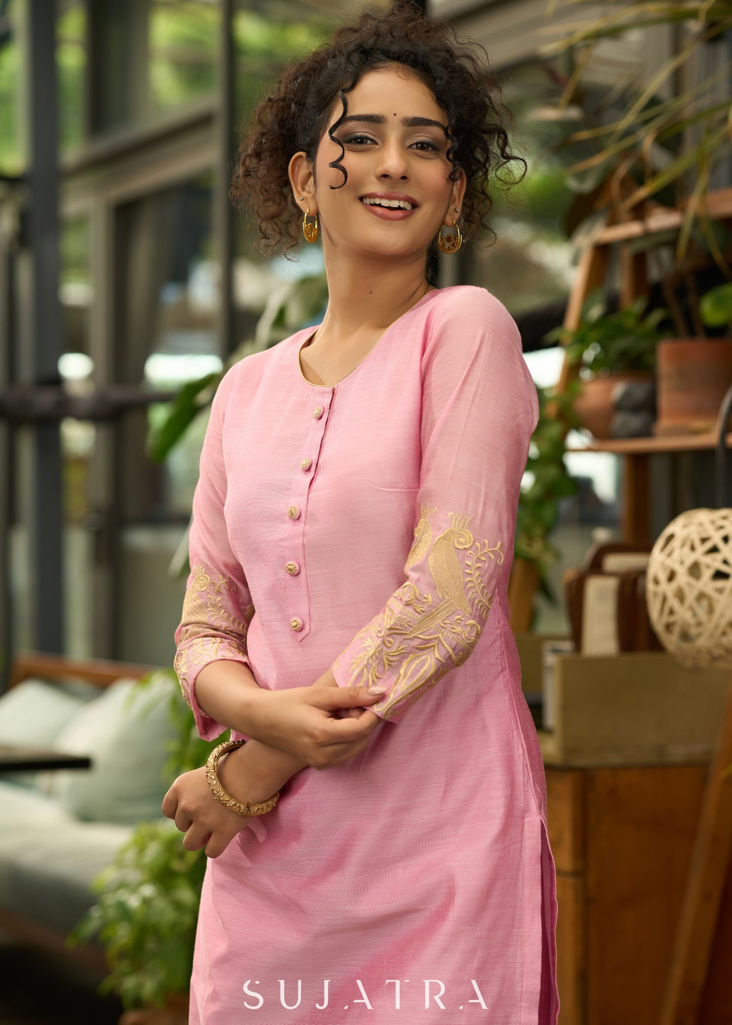 Baby pink chanderi gold embroidered Kurta