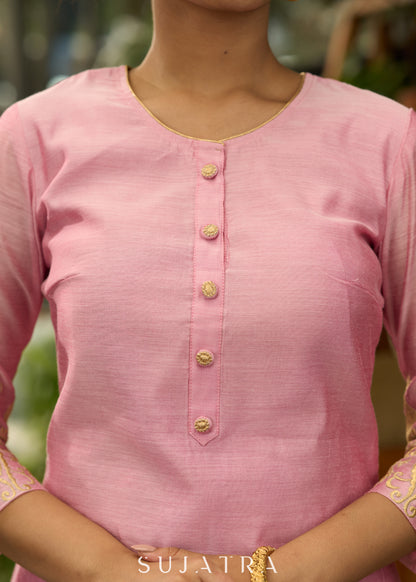 Baby pink chanderi gold embroidered Kurta