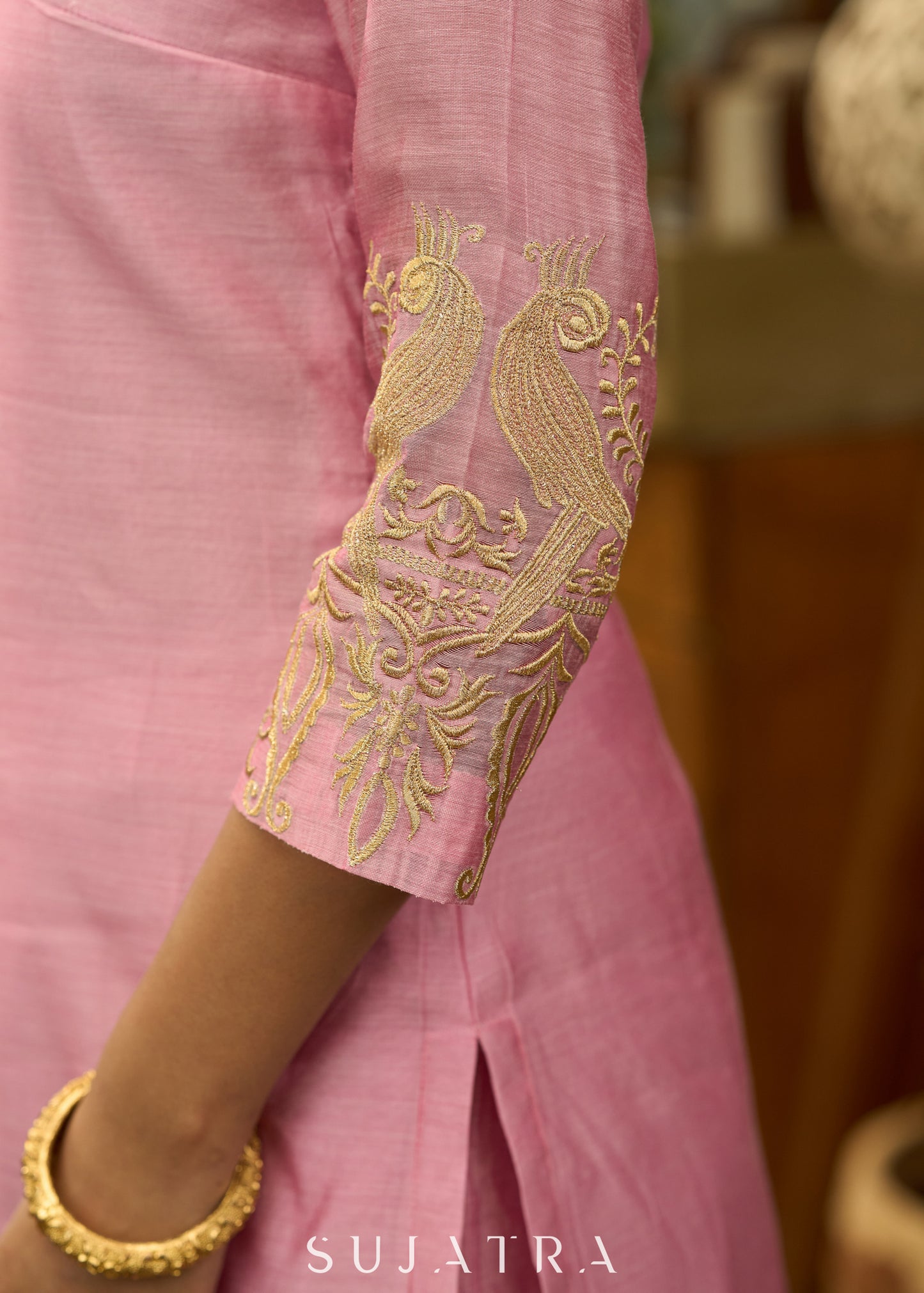 Baby pink chanderi gold embroidered Kurta