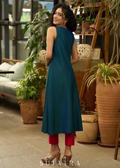 Peacock blue cotton silk kurta with all over mirror work