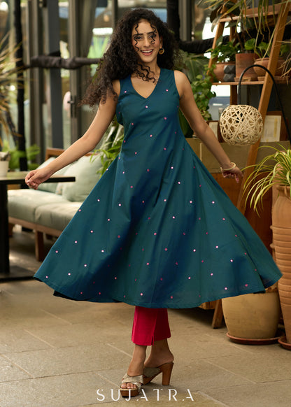 Peacock blue cotton silk kurta with all over mirror work