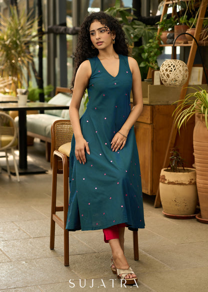 Peacock blue cotton silk kurta with all over mirror work