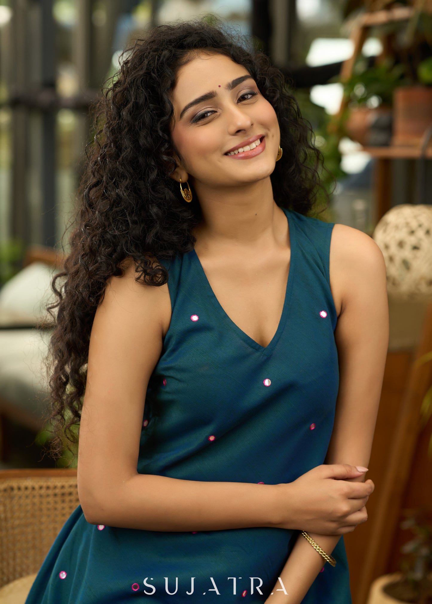 Peacock blue cotton silk kurta with all over mirror work