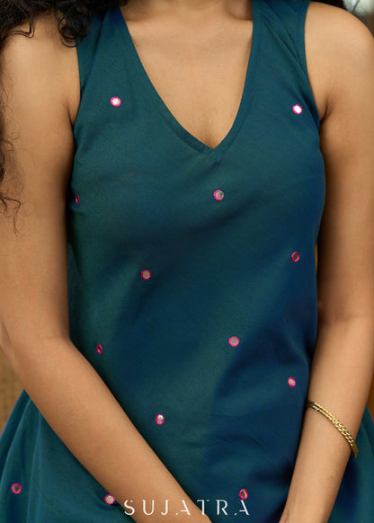 Peacock blue cotton silk kurta with all over mirror work