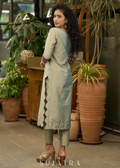 Exclusive dull green & purple Cotton silk kurta with embroidery