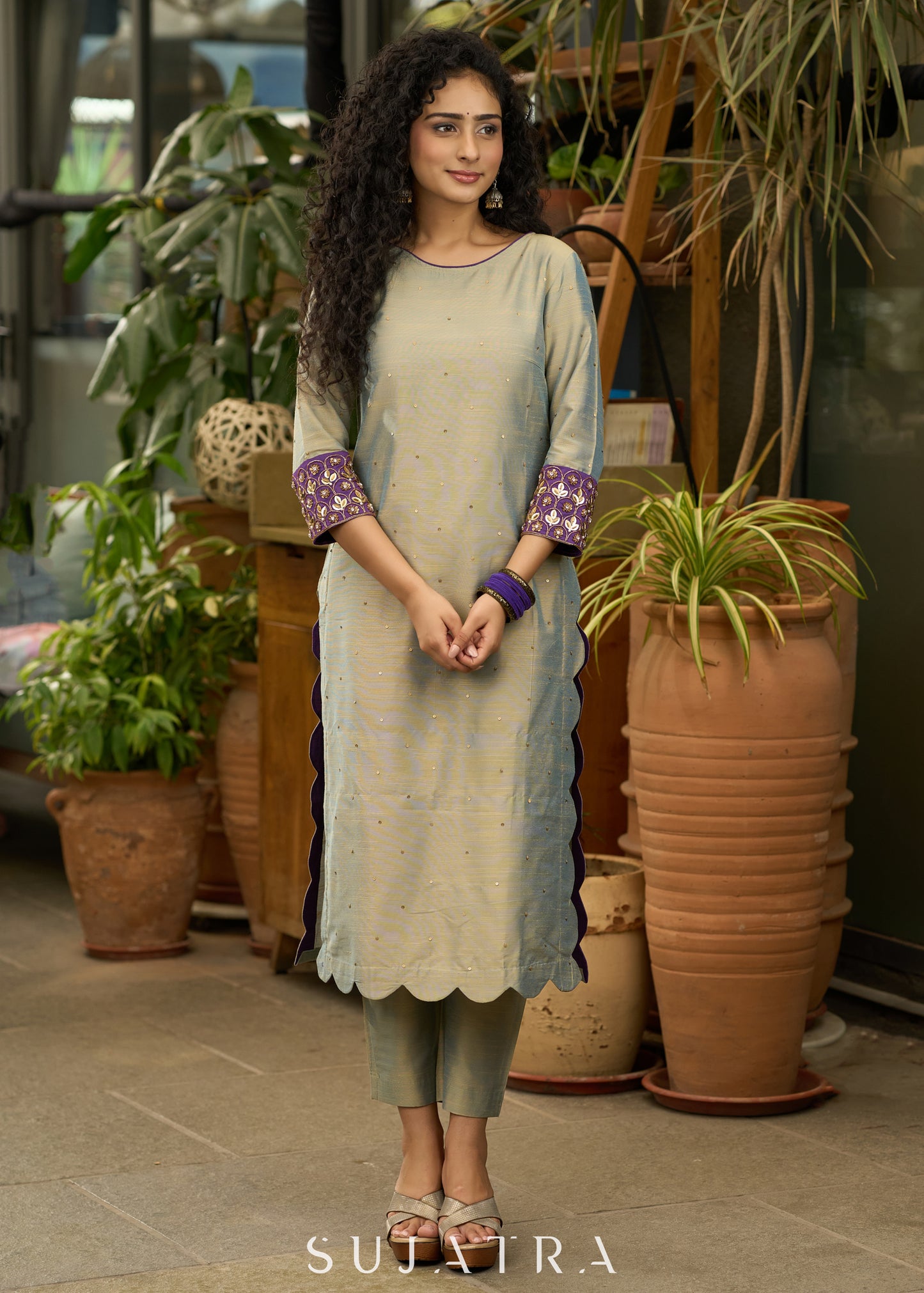 Exclusive dull green & purple Cotton silk kurta with embroidery