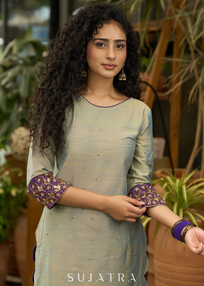 Exclusive dull green & purple Cotton silk kurta with embroidery