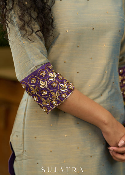 Exclusive dull green & purple Cotton silk kurta with embroidery