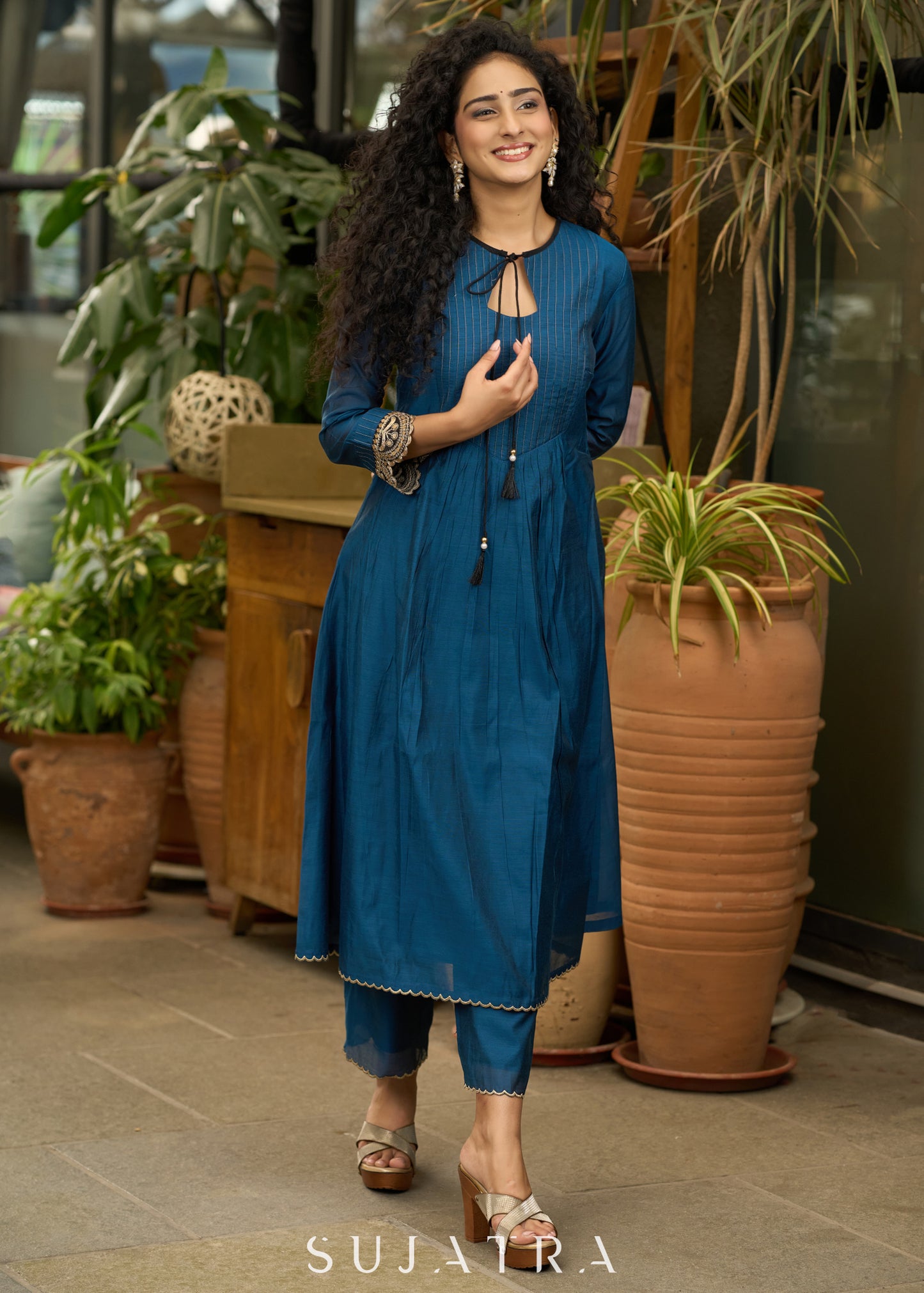 Classy teal blue kurta with lace detaling