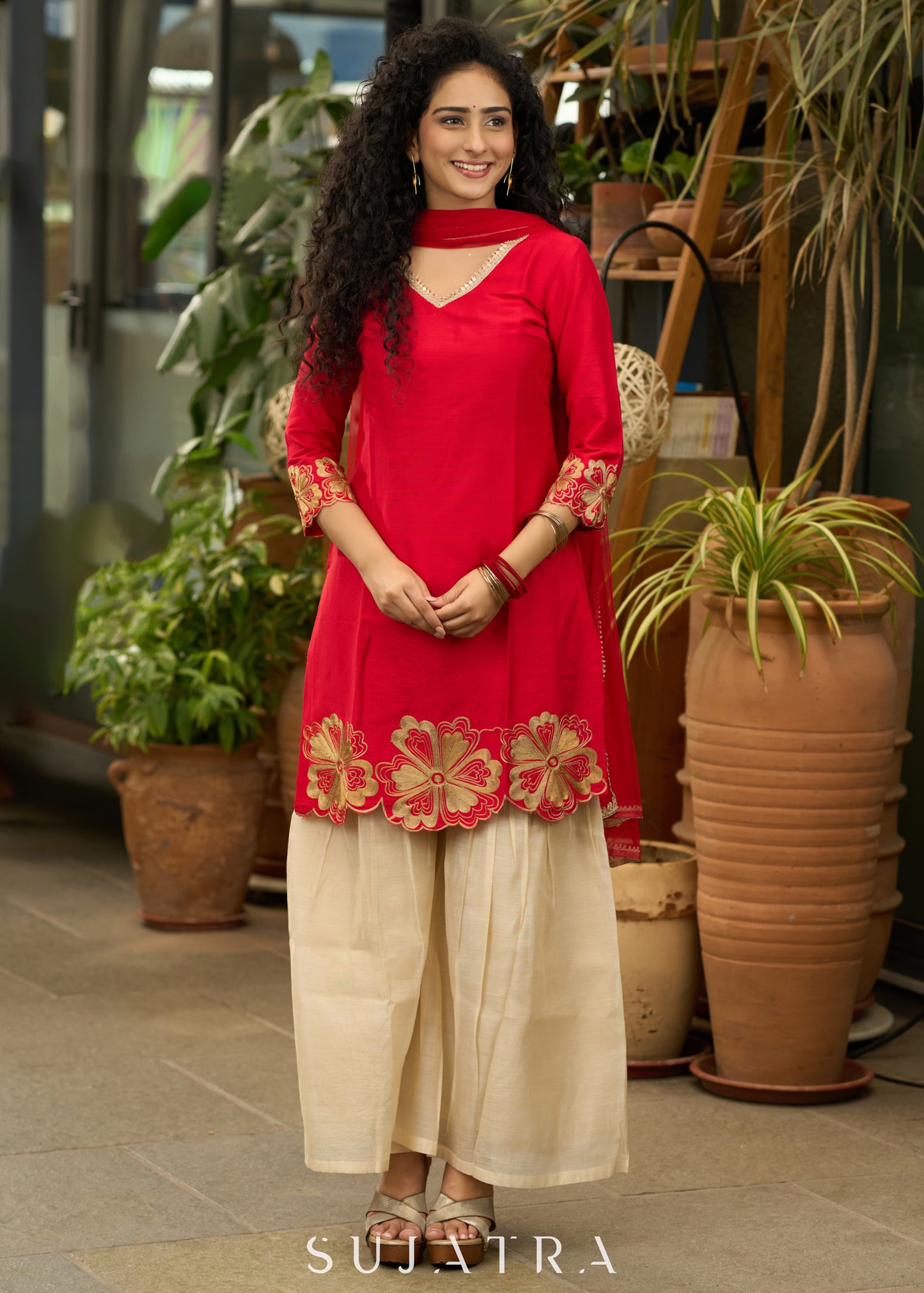 Red cotton silk  cutwork Kurta with  embroidery on hem
