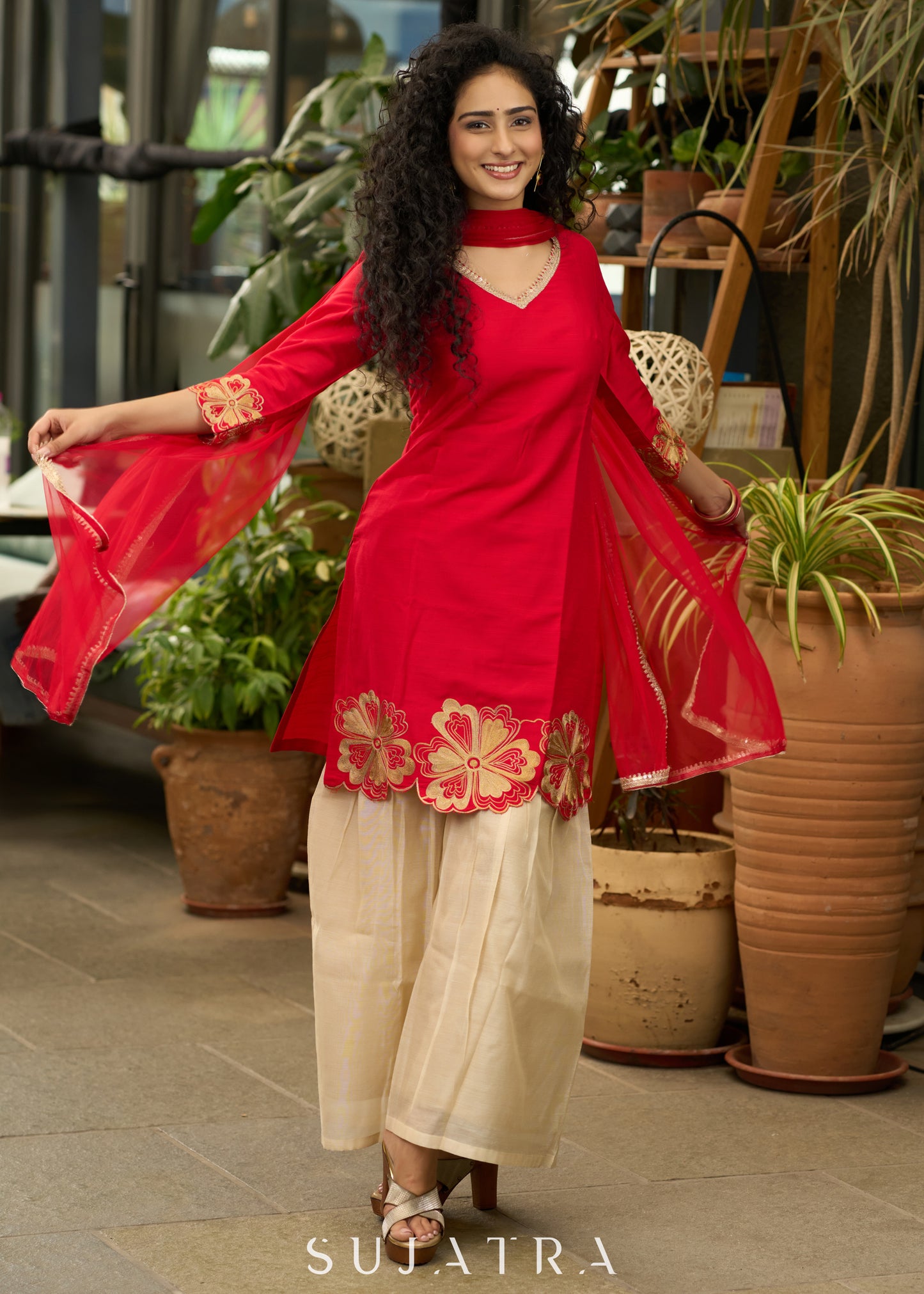 Red cotton silk  cutwork Kurta with  embroidery on hem