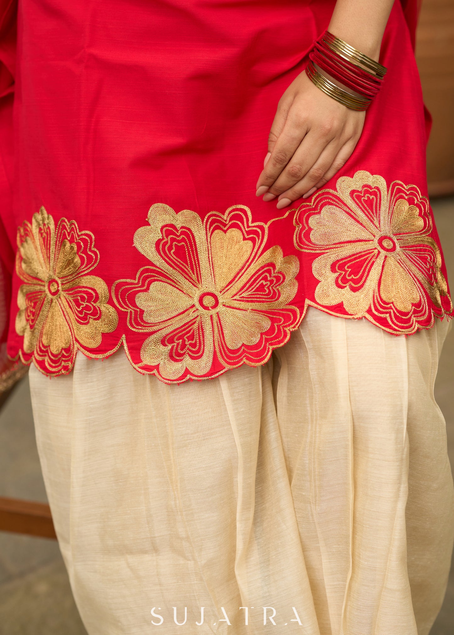 Red cotton silk  cutwork Kurta with  embroidery on hem