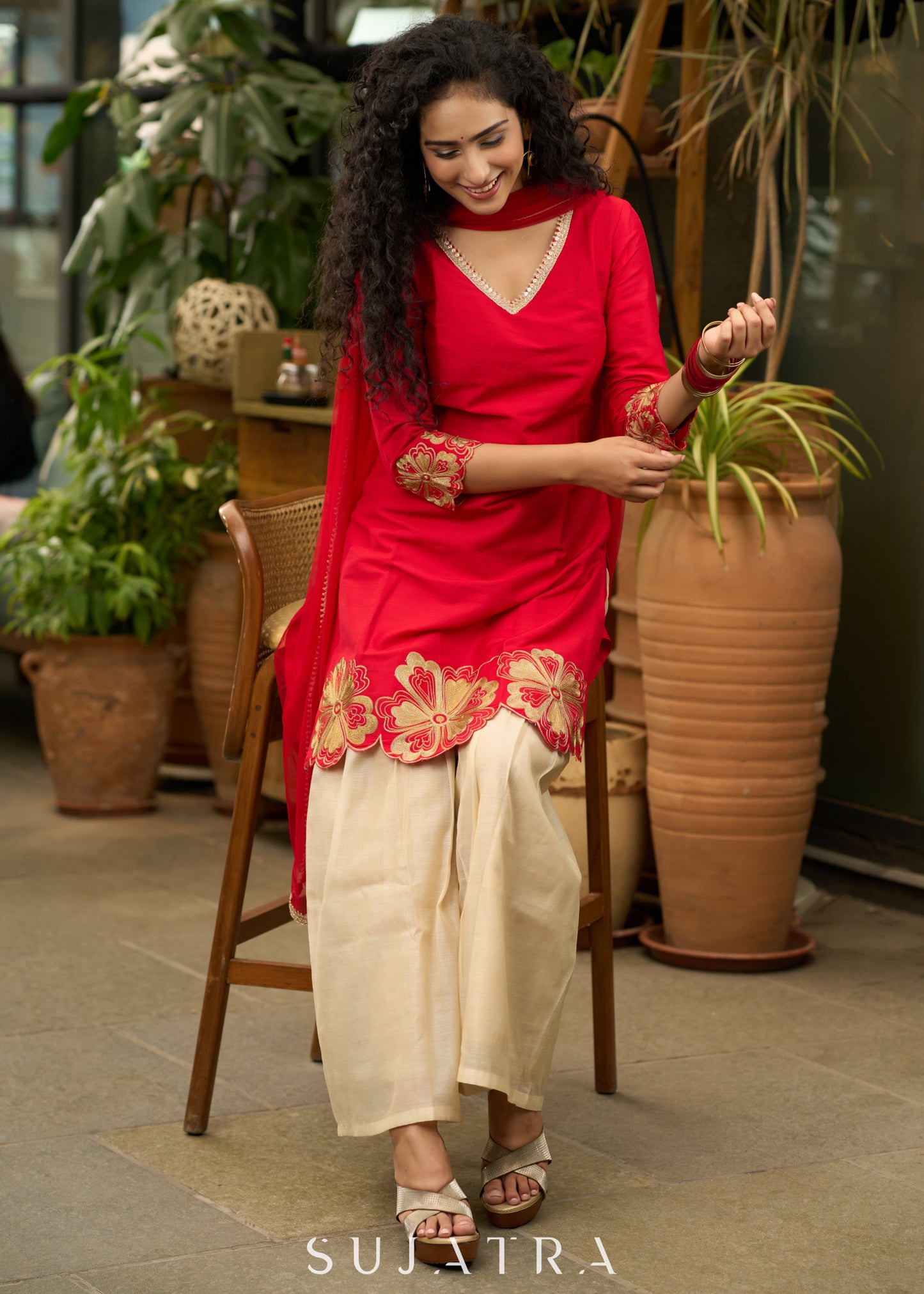 Red cotton silk  cutwork Kurta with  embroidery on hem