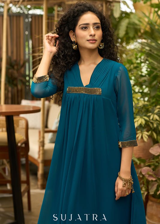 Exclusive turquoise georgette front pleated Kurta with gold sequence work