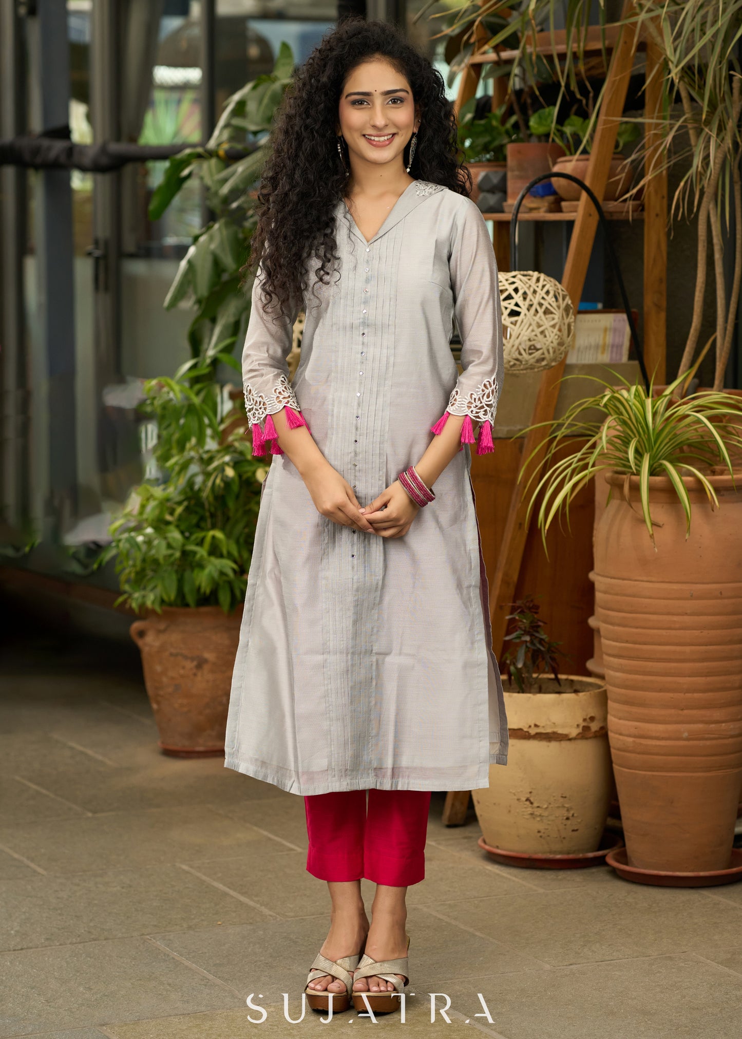 Smart Grey chanderi kurta with embroidery on sleeves - Pant Optional