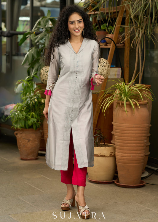 Smart Grey chanderi kurta with embroidery on sleeves - Pant Optional