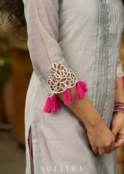 Smart Grey chanderi kurta with embroidery on sleeves - Pant Optional