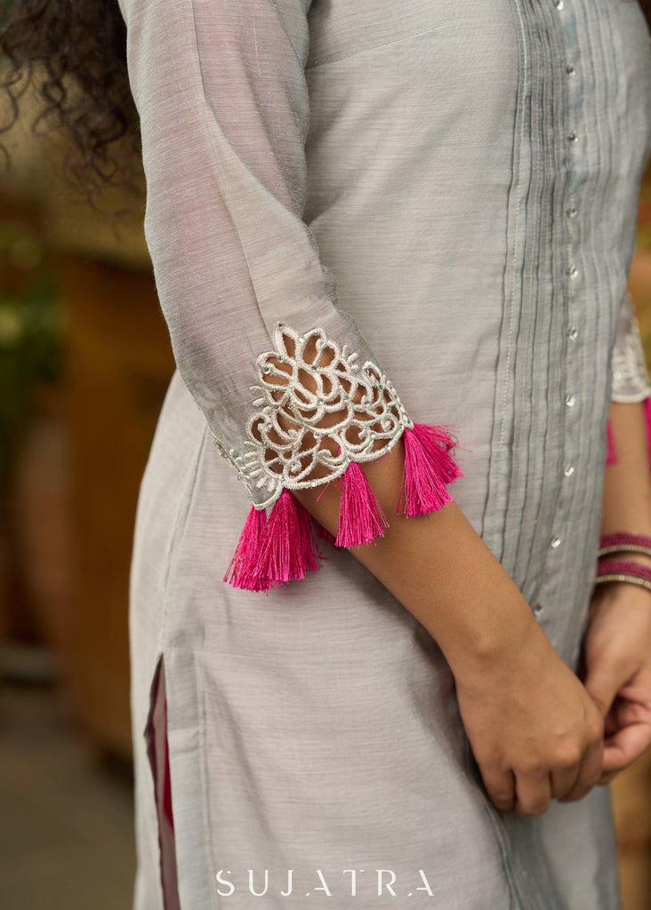 Smart Grey chanderi kurta with embroidery on sleeves - Pant Optional