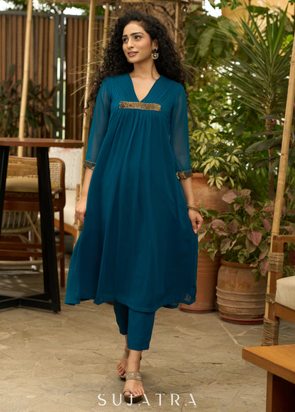 Exclusive turquoise georgette front pleated Kurta with gold sequence work