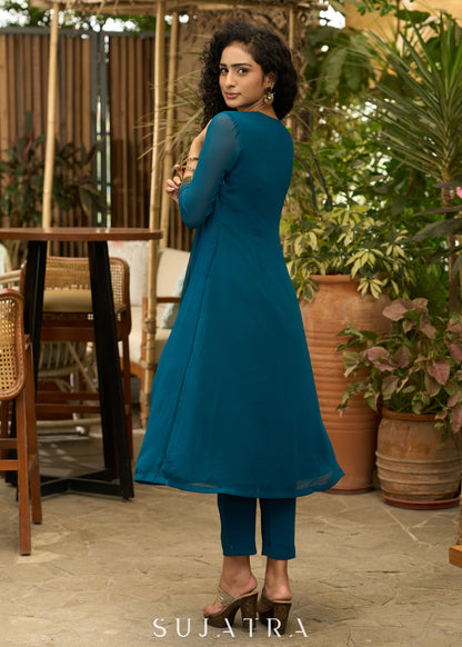 Exclusive turquoise georgette front pleated Kurta with gold sequence work