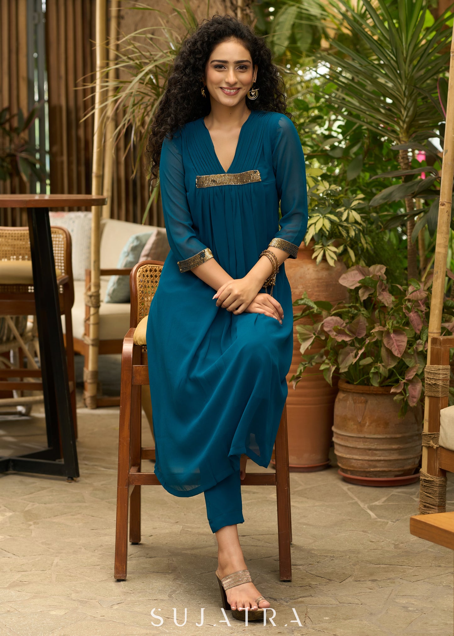 Exclusive turquoise georgette front pleated Kurta with gold sequence work