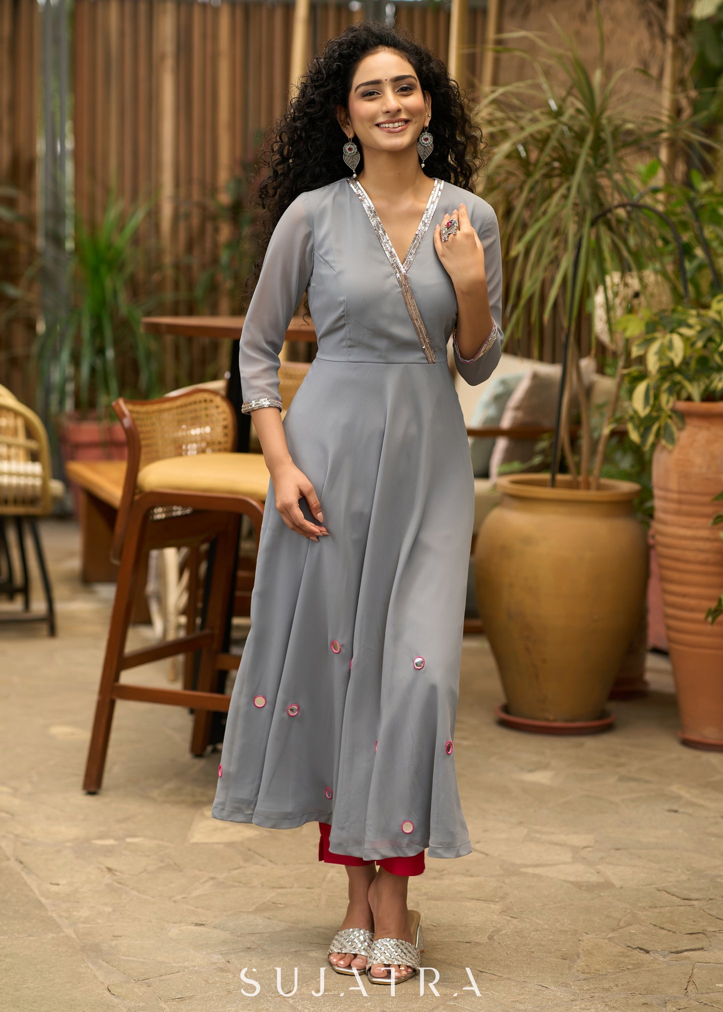 Beautiful grey georgette anarkali kurta embellished with silver sequence