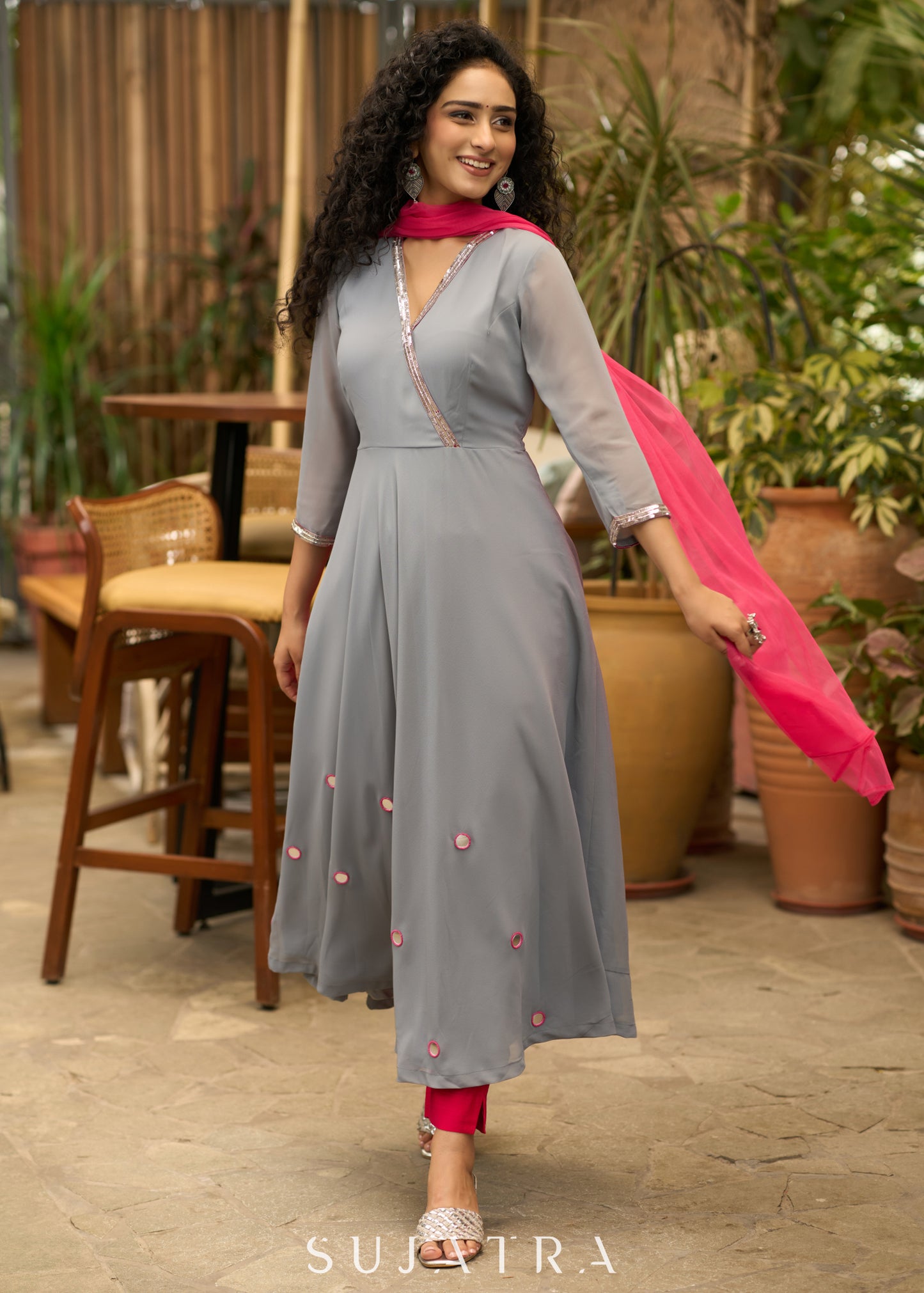 Beautiful grey georgette anarkali kurta embellished with silver sequence