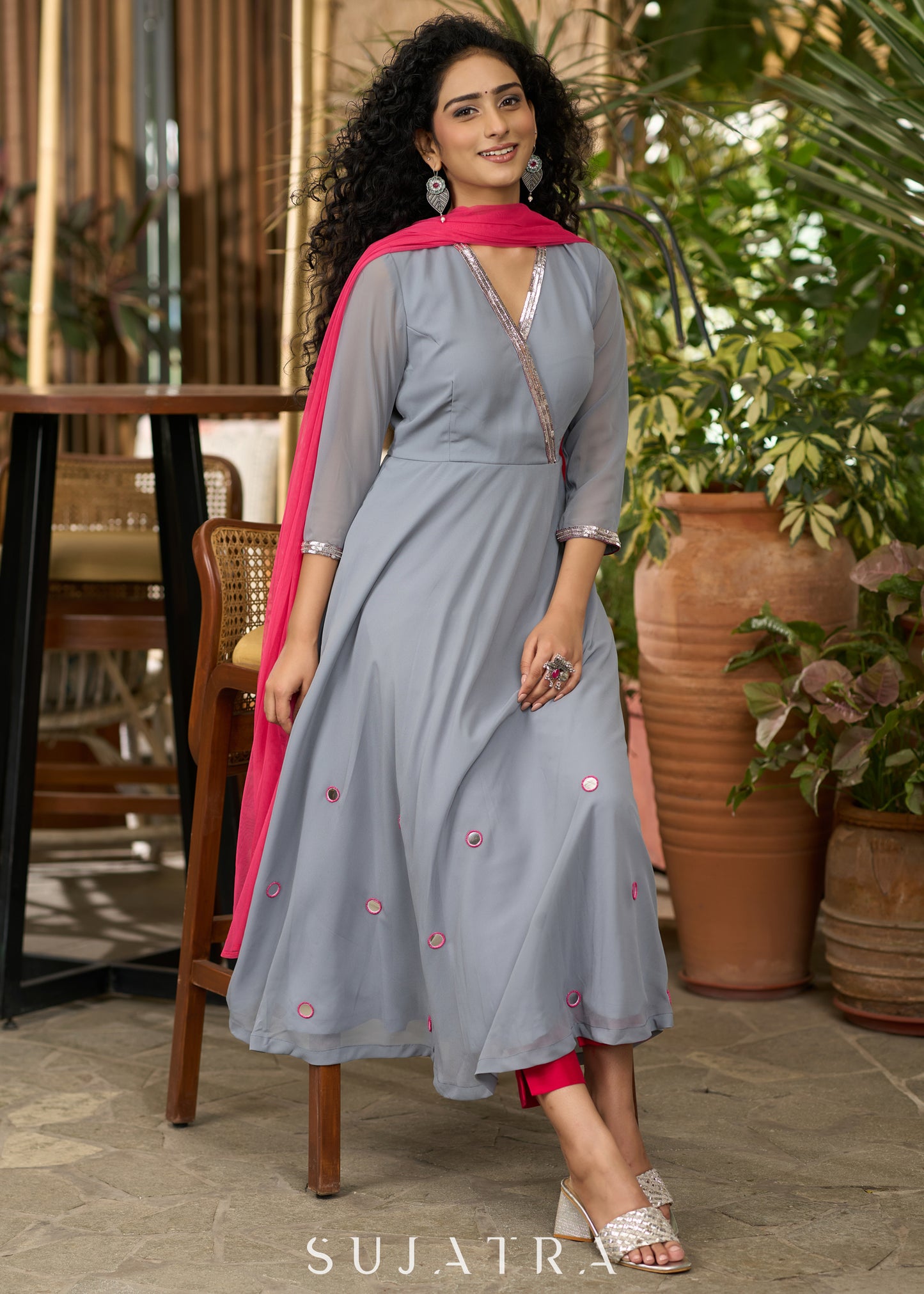 Beautiful grey georgette anarkali kurta embellished with silver sequence